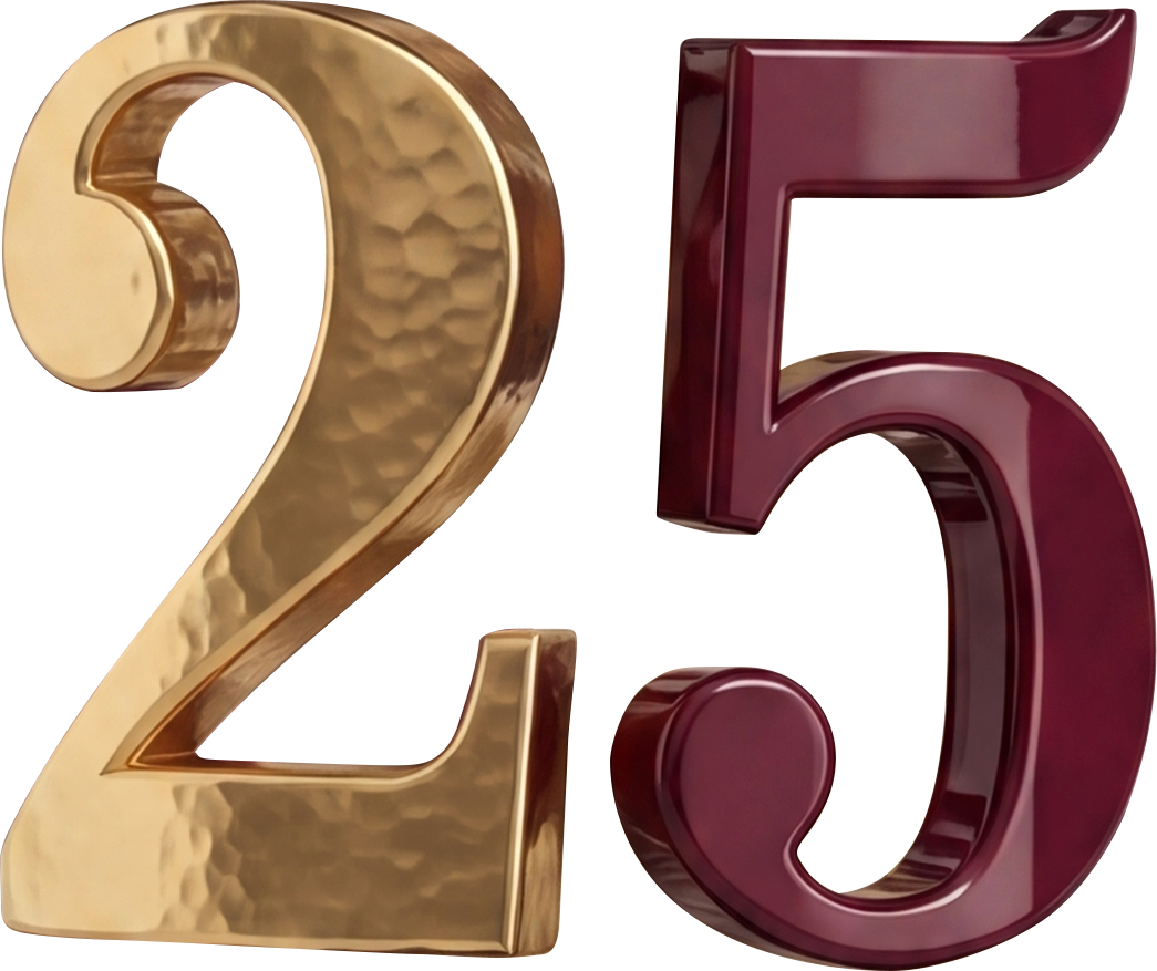 25th anniversary graphic in burgundy and gold