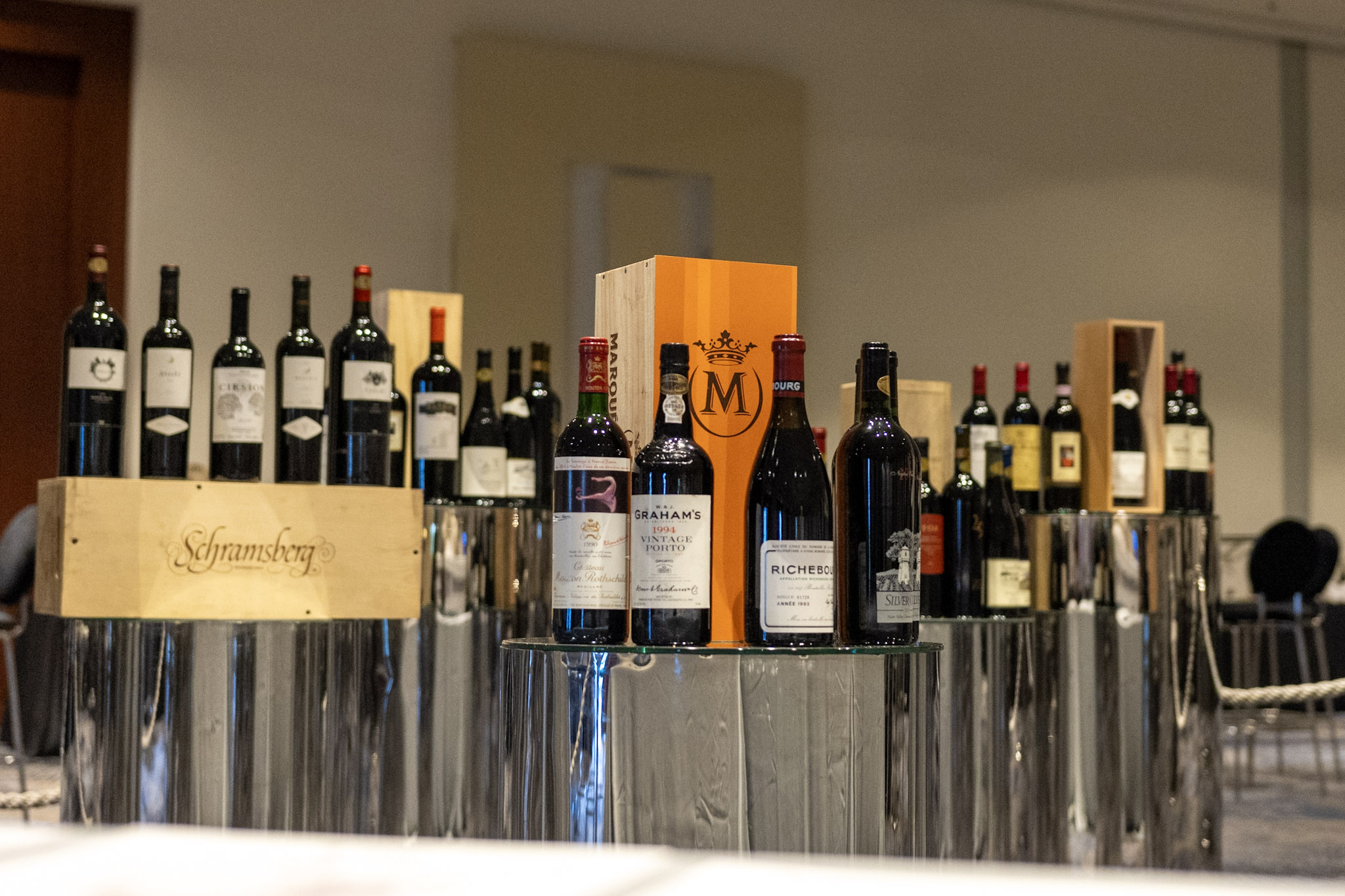 A collection of wines displayed at Plaza Cellars’ Fine Wine Celebration